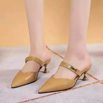 Мода 2024 года, модная обувь для женщин, туфли на высоком каблуке, женские туфли с открытой пяткой, горячая распродажа, туфли-лодочки больших размеров для женщин, новые каблуки с металлическими украшениями для женщин 35 абрикосовый
