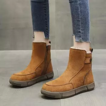 Мода 2024 года, модная обувь, женские ботинки с боковой молнией, зимние, с круглым носком, плюшевые, флисовые, для тепла, однотонные, короткие, на плоской подошве 35