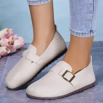 мода 2024 года Модная женская обувь Лоферы Женские туфли на плоской подошве Повседневная обувь на плоской подошве Женская обувь с пряжкой и круглым носком Мягкая подошва Женская 36 покинуть белый