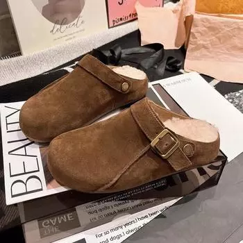 Мода 2024 года, модная женская обувь, закрытый носок, женские тапочки, горячая распродажа, повседневные тапочки с пряжкой на ремне, женские зимние тапочки на плоской подошве с заклепками 35 хаки