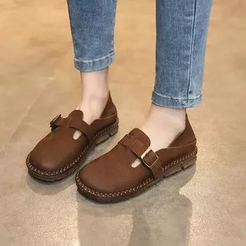 Мода 2024 года, модная женская обувь, женские туфли на плоской подошве, горячая распродажа, повседневные туфли на плоской подошве с круглым носком, новые туфли больших размеров с пряжкой на ремне и низким каблуком 35 кофейный