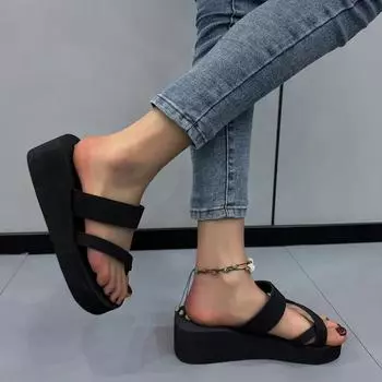 мода 2024 года Модная женская обувь Женские тапочки-стринги Повседневные тапочки Женские босоножки на платформе с круглым носком Легкие женские сандалии 36 чёрный