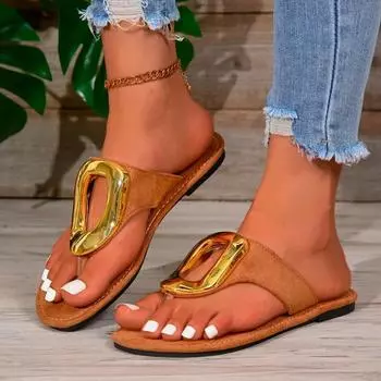 Мода 2024 года, модная женская обувь, женские тапочки с открытым носком, горячая распродажа, пляжные тапочки с металлическим декором, женские новые тапочки на плоской подошве больших размеров 36