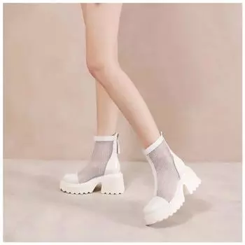 мода 2024 года, модная женская обувь, женские ботинки на молнии, летние ботинки с круглым носком, из цельной сетчатой ткани, дышащие, водонепроницаемые, на платформе, голые ботинки 35 покинуть белый