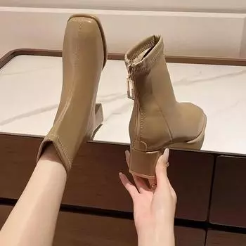 Мода 2024 года, модная женская обувь, женские ботинки на молнии, зимние ботинки с квадратным носком, плюшевые флиса для тепла, однотонные короткие ботинки на толстом каблуке 35 бежевый