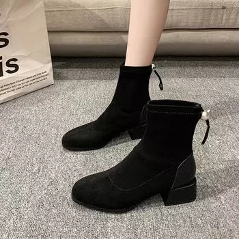 мода 2024 года Модная женская обувь Женские ботинки на молнии Осень-зима Квадратный носок Замшевые теплые однотонные короткие бочонки на толстом каблуке Женские ботинки 35 чёрный