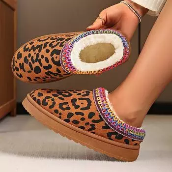 мода 2024 года, модная зимняя обувь с леопардовым принтом, женские удобные теплые плюшевые зимние ботинки, женские туфли больших размеров на плоской подошве из хлопка 36 леопардовый