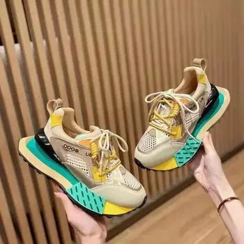 Мода 2024 года, модные цветные дышащие сетчатые громоздкие ботинки, весенние новые стельки, увеличивающие рост, повседневная женская обувь, женские кроссовки 35 жёлтый