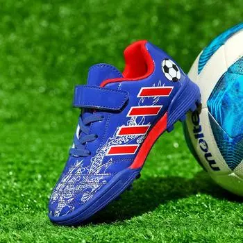 Мода 2024 года, модные фирменные детские футбольные бутсы для игры на открытом воздухе, нескользящие детские футбольные бутсы для мальчиков, синие детские футзальные бутсы высокого качества 28