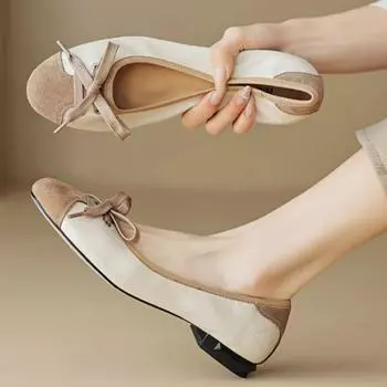 мода 2024 года, модные новые осенние женские туфли с круглым носком и низким каблуком, туфли большого размера с милым бантом, женские туфли без застежек Zapatos Mujer 35 бежевый