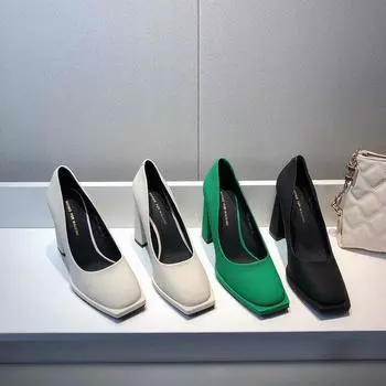 Мода 2024 года, модные новые женские туфли на высоком каблуке с квадратным носком и толстым каблуком, однотонные вечерние туфли на высоком каблуке для женщин 34 бежевый