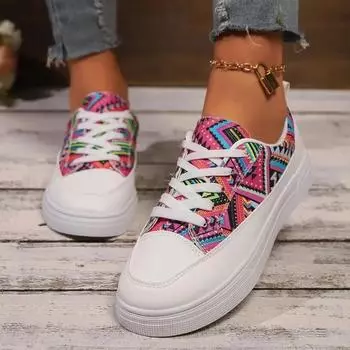 мода 2024 года, модные туфли из стираной ткани, повседневные модные туфли на плоской подошве со шнуровкой, женские туфли с геометрическим узором 36 розовый