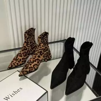 Мода 2024 года, модные женские ботильоны с острым носком на низком каблуке, женская обувь с леопардовым принтом, женские эластичные современные ботинки 35 цветной печати леопарда