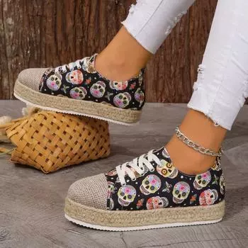 мода 2024 года, модные женские туфли из парусины с принтом, повседневные женские кроссовки на вулканизированной платформе с противоскользящей подошвой, женские летние туфли на платформе для ходьбы 35 чёрный