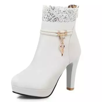 мода 2024 года, модные женские туфли на высоком каблуке, кружевные ботильоны с принтом принцессы на платформе, вечерние, свадебные, женские туфли, белые, черные, зимние 34 бежевый