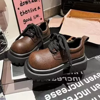 Мода 2024 года. Модные женские туфли на толстой подошве с толстым каблуком, с круглым носком, с глубокой шнуровкой, удобные лоферы в британском стиле. 35 чёрный