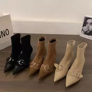 Мода 2024 года. Модные женские туфли. Женские сапоги с рукавами. Осенние сапоги с острым носком. Однотонные короткие туфли-шпильки или тонкие каблуки. Рыцарские сапоги. 35 абрикосовый