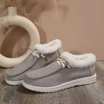Мода 2024 года. Модные женские зимние ботинки с плюшевой подкладкой. Удобные теплые ботинки из плюшевой парусины. 36 серый