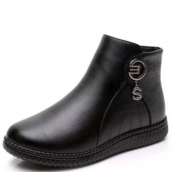 Мода 2024 года, модные зимние женские кожаные ботильоны, женские толстые плюшевые теплые зимние сапоги для мам, водонепроницаемые нескользящие ботинки, женская обувь 35 чёрный