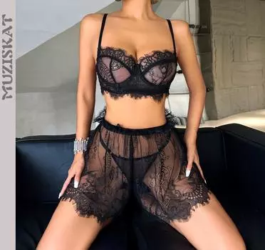 мода 2024 года, модный кружевной прозрачный кружевной комплект из трех частей, с лифом на шее и бретелькой через шею, сексуальное нижнее белье L