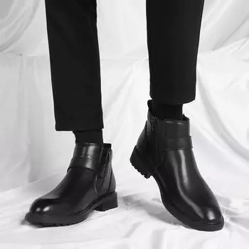Мода 2024 года Мужская обувь Высокие британские мотоциклетные кожаные ботинки Мужские толстые подошвы Трендовые ботинки Челси Мужская повседневная обувь Ботинки на платформе 38 чёрный