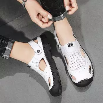 Мода 2024 года, мужские летние кожаные дышащие сандалии ручной работы, кожаные туфли, классические мужские сандалии, кожаные уличные мужские тапочки ручной работы 38 коричневый