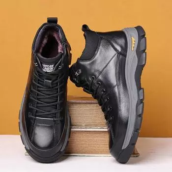 Мода 2024 года, мужские зимние ботинки для снега, супертеплые мужские походные ботинки, высококачественные водонепроницаемые кожаные высокие мужские ботинки, кроссовки для активного отдыха 38 чёрный