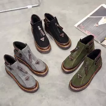 Мода 2024 года, низкие модные осенне-зимние однотонные ботинки, женские замшевые ботинки больших размеров, женские ботинки на плоской подошве с пряжкой 35 зелёный