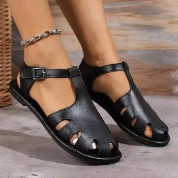 Мода 2024 года. Новая модная обувь для женщин. Летние женские сандалии с пряжкой из одного слова. Закрытый носок. Однотонные повседневные повседневные сандалии на низком каблуке для женщин. 36 чёрный
