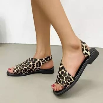 Мода 2024 года. Новая обувь для женщин. Летние женские сандалии. Разноцветные леопардовые сандалии с квадратным носком. Низкий каблук. Открытый носок. Повседневные сандалии для женщин. 35