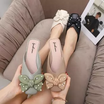 Мода 2024 года, новая сладкая корейская версия, тапочки Baotou, женская модная тенденция, роскошные сандалии, высококачественные тапочки с бантом, женская обувь 36 бежевый