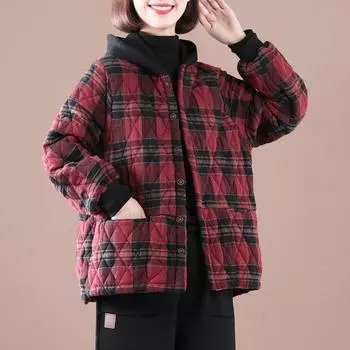 МОДА 2024 года, новая теплая одежда с хлопковой подкладкой, корейская версия, свободное и тонкое повседневное женское пальто большого размера в клетку, короткое пальто L чёрный