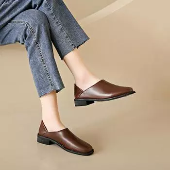 Мода 2024 года, новая весенняя обувь из кожи с V-образным вырезом, женские повседневные туфли с квадратным носком, женские перчатки на плоской подошве, женские мюли, мокасины без застежек 35 чёрный