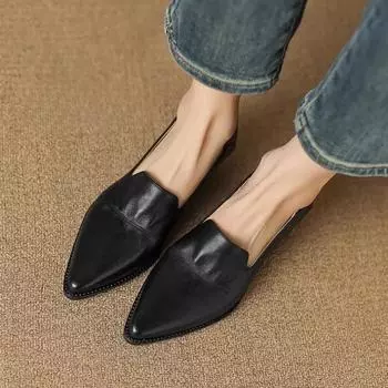 Мода 2024 года, новая весенняя женская обувь, туфли-лодочки с острым носком и толстым каблуком, удобная универсальная повседневная женская обувь из натуральной кожи в стиле ретро 35 чёрный