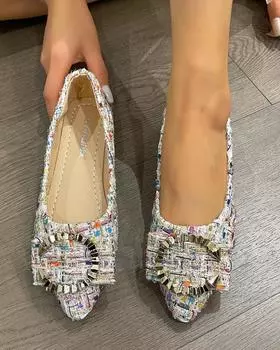 Мода 2024 года, новая весна и лето, удобные повседневные туфли на плоской подошве с острым носком, металлические украшения, неглубокая горловина, дышащая женская обувь 35