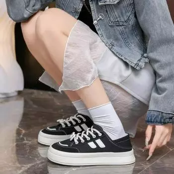 Мода 2024 года, новая весна-лето, черные полупрозрачные парусиновые туфли, женские дышащие универсальные туфли в гонконгском стиле на каблуке-лодочке 35 чёрный