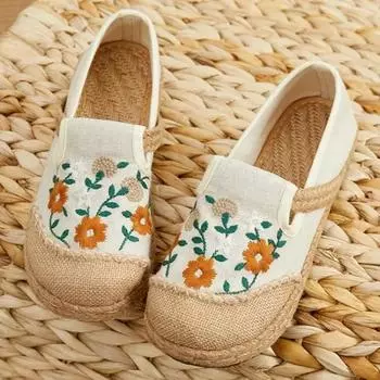 Мода 2024 года, новая весна, женские туфли на плоской подошве с низким верхом и вышивкой, женские туфли в этническом стиле, повседневная обувь из льна 35 бежевый