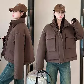 МОДА 2024 года. Новая зимняя утепленная куртка-стойка с хлопковой подкладкой для женщин и мужчин, свободная одежда. M кофейный