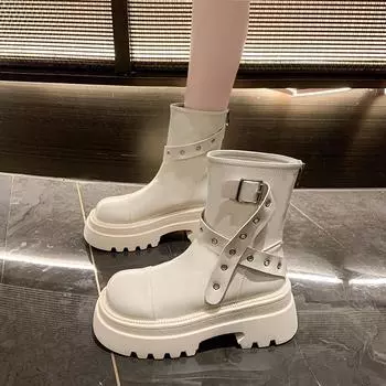 Мода 2024 года, новинка, коричневые, ретро, с круглым носком, на толстом каблуке, супер высокие женские ботильоны, белые ботинки в стиле вестерн с французской пряжкой для женщин 35 бежевый