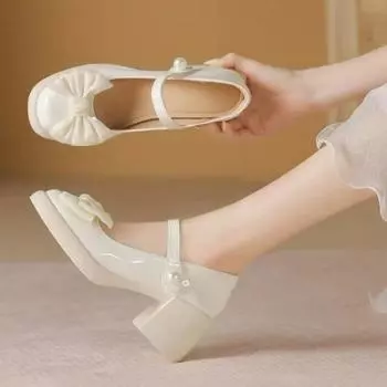 Мода 2024 года, новые элегантные женские туфли с круглым носком и толстым каблуком, с бантом и жемчужным украшением, модные туфли на высоком каблуке для банкета и вечеринки, женские туфли 35 бежевый