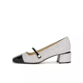 Мода 2024 года, новые блестящие женские туфли-лодочки со стразами, удобные туфли Мэри Джейн на квадратном каблуке, элегантные и простые женские туфли на широком каблуке 35 серебряный