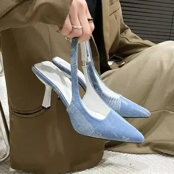 Мода 2024 года, новые босоножки с заостренным носком на высоком каблуке, весна/лето/осень, парусиновые туфли на тонком каблуке из нишевого дизайна 35 чёрный