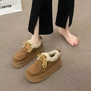 Мода 2024 года, новые ботинки на плоской подошве со шнуровкой, австралийская зимняя обувь для женщин, плюшевые ботинки с круглым носком, женские меховые ботинки в стиле Лолита из резины, женские размеры 35-40 35