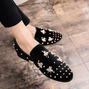 Мода 2024 года, новые брендовые черные мужские мокасины с шипами, роскошная обувь из денима и металлических блесток, высококачественная повседневная мужская обувь, свадебные туфли на плоской подошве 38 чёрный