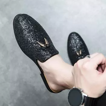 Мода 2024 года, новые брендовые полутапочки, модные мужские туфли без застежек 2024 года, легкая мужская повседневная обувь, блестящая роскошная обувь для отдыха на открытом воздухе для мужчин 38 серебряный