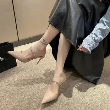 Мода 2024 года, новые брендовые туфли для женщин, туфли на высоком каблуке, женские летние однотонные туфли для офиса и карьеры, с острым носком, сексуальные туфли с кристаллами на высоком каблуке 35 чёрный