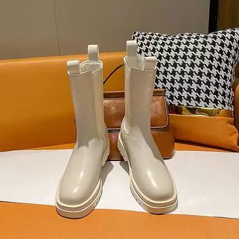 Мода 2024 года, новые брендовые женские ботинки на платформе с круглым носком, роскошные высокие зимние флисовые теплые туфли, нескользящие женские ботинки «Челси» Botas 34 бежевый