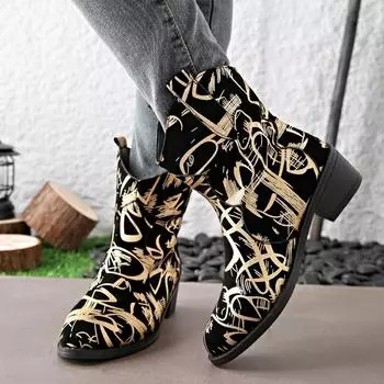 Мода 2024 года, новые цветные женские модные ботинки на толстом каблуке с принтом, разноцветные женские короткие ботинки с острым носком на высоком каблуке, женская обувь 35 чёрный