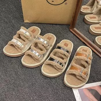 Мода 2024 года, новые дизайнерские меховые тапочки на осень-зиму для женщин, модные повседневные новые дизайнерские женские хлопковые тапочки с пряжкой на ремне, женские 35 чёрный