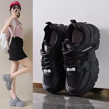 Мода 2024 года. Новые дышащие туфли для пап на толстой подошве. Высококачественные туфли с широким носком. Универсальная нескользящая спортивная и повседневная обувь. 35 чёрный